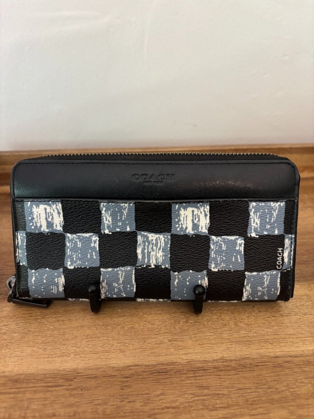Coach Navy Blue White Checkerboard Square Print Leather Zip Accordion Wallet